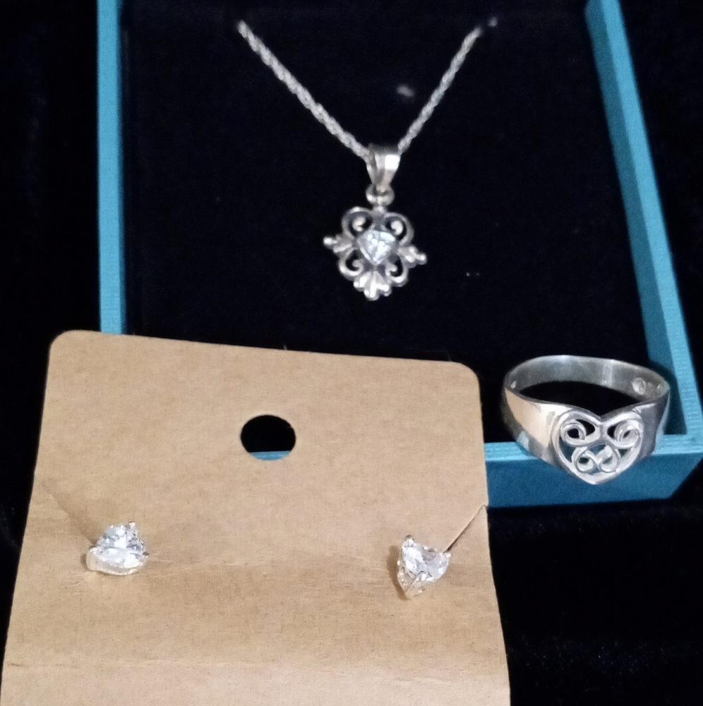 Sterling silver ❤️ heart shaped necklace, ring and earrings